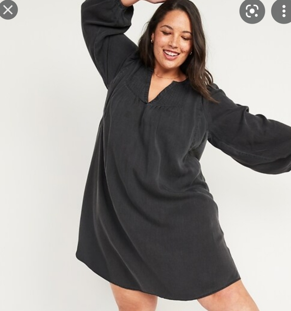 Split-Neck Black Chambray Swing Dress for Women